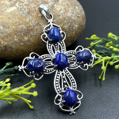 Pingente cruzado de prata esterlina 925 natural lápis-lazúli joia preciosa - Imagem 1 de 3