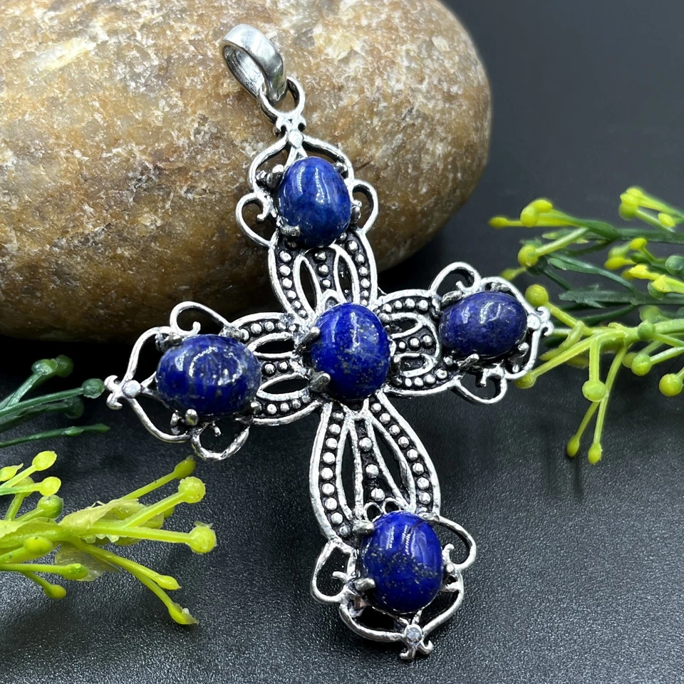 925纯银天然Lapis Lazuli宝石珠宝十字架吊坠 — 第 1/3 张图片