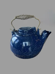 Vintage Cast Iron Teapot with Swivel Lid Blue White Speckle Enamel Camping Cook - Picture 1 of 4