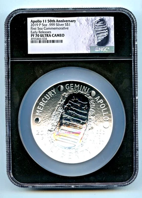 2019 P Apollo 11 50th Anniversary 5oz .999 Silver PF70 Ultra Cam NGC - LP101 - Image 1 of 3