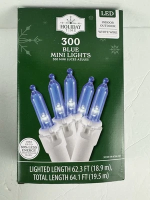 Holiday Time LED In/Out Blue Mini Christmas Lights 300 White Wire 64.1'- NIB - Image 1 of 2