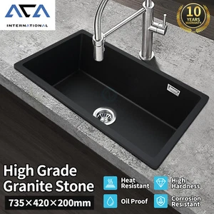 Black Granite Quartz Stone Single Big Bowl Laundry Kitchen Sink Basin 735x420mm - Picture 1 of 4