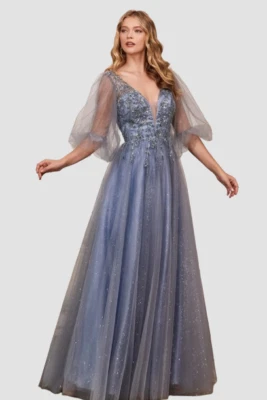 Vestido Formal Cinderella Divine CD0182 Talla XL Azul Ahumado Largo Maxi Línea A Con Cuentas Foto 1 de 4