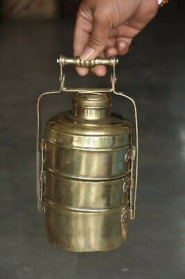 Old Brass Handcrafted 3 Compartment Solid Heavy Lunch/Tiffin Box • 76.80$