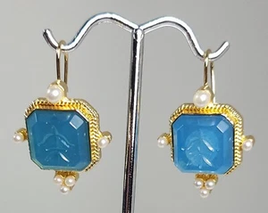 Vintage Art Deco Style Square Blue Beveled Intaglio Earrings Seed Pearl Accents - Picture 1 of 6
