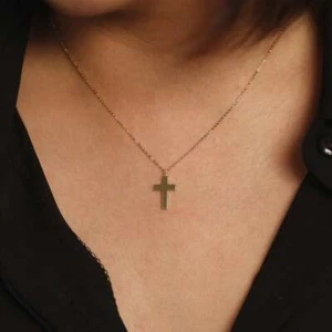 14K Solid Gold Cross Charm Pendant Religious Layering Necklace - Picture 1 of 1