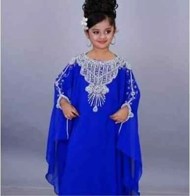 Kaftan Ramzan Eid Royal Blue Stylish Kids Long Gown Moroccan Georgette Wedding - Image 1 of 3