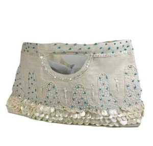 Moyna Canvas Studded Clutch Handbag Womens M Cream Lined Pearl Embellished - Picture 1 of 10
