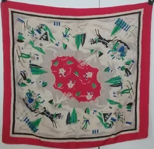 BUFANDA DE SEDA VINTAGE 31" X 33" ESQUÍ TRINEO MUÑECO DE NIEVE ESCENAS DE INVIERNO BORDE ROJO - Imagen 1 de 15