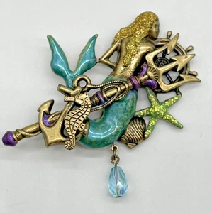 VTG Kirks Folly Mermaid Brooch Trident Anchor Sea Horse Gold Tone Enamel Glitter - Picture 1 of 9