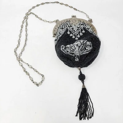 Black Vintage Antique Style Hand BEADED Purse 100% SILK Lined Shoulder 20" Drop - Image 1 of 4