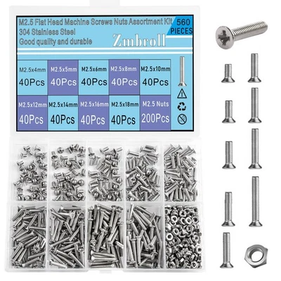 560Pcs Flat Head M2.5 Machine Screws Countersunk 304 Stainless Steel Screw Fu... - Image 1 of 4