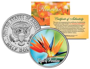 Moneda de medio dólar coloreada de Estados Unidos BIRD OF PARADISE FLOWER JFK Kennedy - Imagen 1 de 1