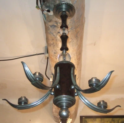 Très intéressant lustre époque Art Déco, Bronze argenté, Verre et Bakélite 1930 - Photo 1/4