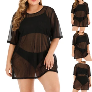 Plus Size Womens Lace Mesh Mini Dress See Through Sarong Beach Bikini Cover Up - Picture 1 of 13