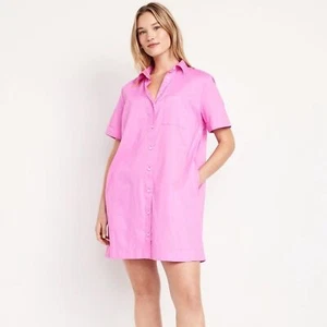 Neu mit Etikett! Old Navy Vivid Begonia Pink Cotton Button-Down Mini Shirt Dress - Large - Bild 1 von 8