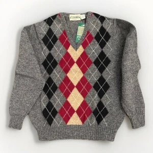 Vintage Sears Classic Mens L 100% Shetland Wool Gray Black Argyle V-Neck Sweater - Picture 1 of 9