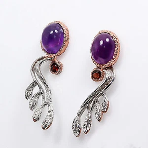 Earrings Amethyst and Garnet 0.925 Silver Butterfly - Picture 1 of 6