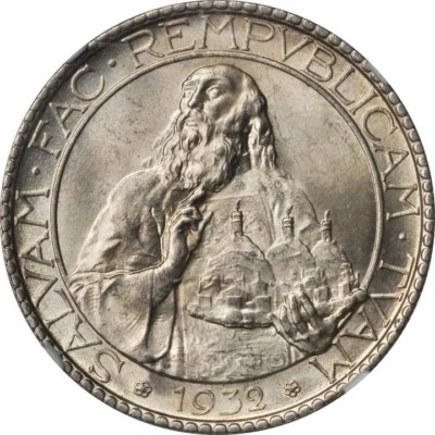 SAN MARINO 1932-R  20 LIRE SILVER COIN, GEM UNCIRCULATED, NGC CERTIFIED MS66 - Image 1 of 4