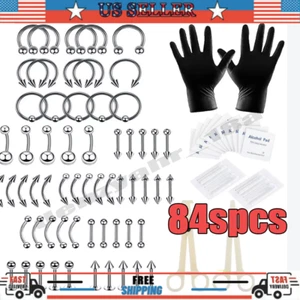 84Pcs Professional Piercing Kit Stainless Steel Navel Eyebrow Nose Needles Set - Picture 1 of 11
