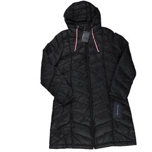 Tommy Hilfiger Women's Mid Length Packable Down Chevron Quilt Coat, Black. S - Picture 1 of 13