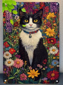 ARTE DE METAL - Gato blanco y negro con ojos amarillos obra de arte en escena de jardín 8x12 pulgadas - Imagen 1 de 3