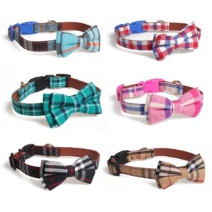 Dog Collar Original Leather Tartan Pet Collar With Bow Decoration - Picture 1 of 70