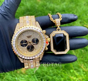 MENS ICED HIP HOP GOLD PT TRENDY BLACK HEAVY DIAL BLING WATCH, BLACK RUBY CHAIN - Picture 1 of 12