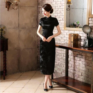 Nuovo Lussuoso Abito Lungo Fiori di Ciliegio Nero Cinese Cheongsam Qipao lcdress16 - Foto 1 di 2