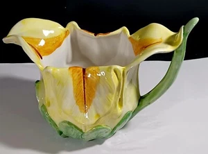 Vintage Yellow Iris Majorca Style Pitcher Hand-Painted Italy 1970s - Picture 1 of 8