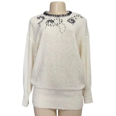 Vintage 80s Campus Casuals White Knit Top Batwing Lightweight Black Beaded L - Image 1 of 4