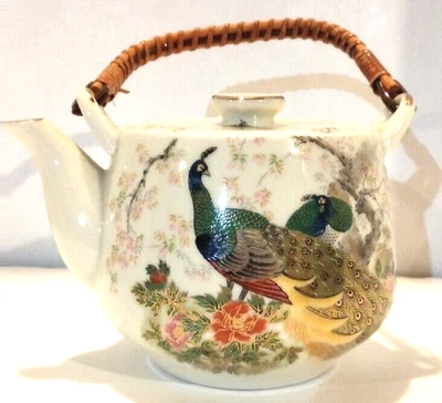 Peacock Gold Trim Rattan Handle Porcelain Japan Tea Pot - Image 1 of 4