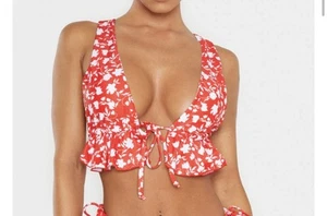 PRETTYLITTLETHING Women Red Floral Tie Front Frill Plunge Bikini Top 10 Swimsuit - Picture 1 of 9