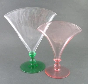2 antique STEUBEN FAN Vases - 6.75" PINK, 8.5" Crystal w/GREEN Foot - c.1920's - Picture 1 of 15