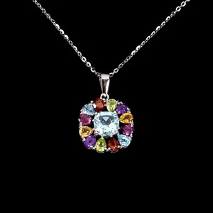 925 Sterling Silver Necklace Cushion Topaz 7mm Citrine Natural Gemstone Jewelry - Picture 1 of 14