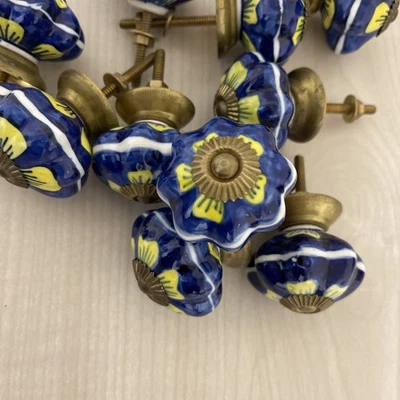 BLUE YELLOW KNOBS Vintage Shabby Chic Knobs Wardrobe Drawers Handle Pull 4.5cm  - Image 1 of 4