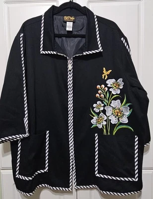 Bob Mackie Black Zippered Jacket Embroidered Flowers & Butterfly Pockets Sz 3X  - Image 1 of 4