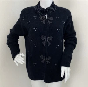 Vintage 12-14 / M-L Black Bead Sequin Embellished Lambs Wool & Angora Cardigan - Picture 1 of 13