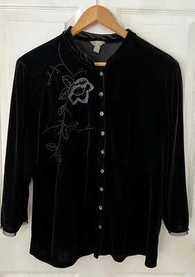 Chaqueta de Terciopelo Negra Bordada Floral J. Jill XL Top Botón Frontal Cuello Asiático Foto 1 de 4