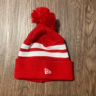 New Era Plain Red & White Striped Winter Beanie Knit Hat Cap With Pom OSFM - Image 1 of 3