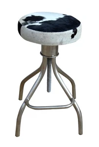 TANGO extendable round bar stool in black & white hide on silvered stand - Picture 1 of 9