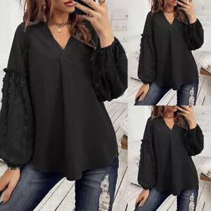 Women Lantern Long Sleeve Loose Shirt V Neck Casual Blouse Work Pullover Tops - Picture 1 of 12