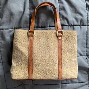 Celine Suede Leather Monogram Embossed 3 Pocket Small Tote Handbag Gold Vintage - Picture 1 of 12