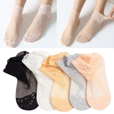 Meias femininas florais de malha de renda transparente seda fina curta tornozelo respirável - Imagem 1 de 4