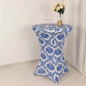 ROYAL BLUE WHITE Damask Cocktail Spandex Table Cover Party Centerpieces - Picture 1 of 8
