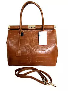 ITALIAN PREMIUM CROC-EMBOSSED LEATHER BAG HANDBAG w/ LOCK & KEY - MADE IN ITALY - Picture 1 of 10