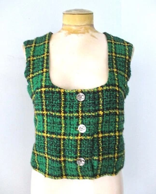 De Colección Años 70 Kelley Verde Amarillo Cuadros Tweedy Acrílico Botón Chaleco Corsé Top Forrado M Foto 1 de 4