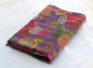 Cotton Vintage Bed Runner Flower Pattern Blanket Double Kantha Quilt Bedspread - Picture 1 of 8