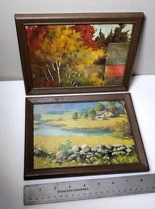 Vtg Fall Autumn Country Scene Oil Painting On Board Brown Metal Framed 5½" × 7½" - Picture 1 of 5