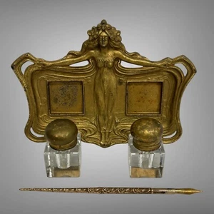 Antique Francis Renaud Art Nouveau Brass Ink Well with Two Bottles Not Signed? - Picture 1 of 17